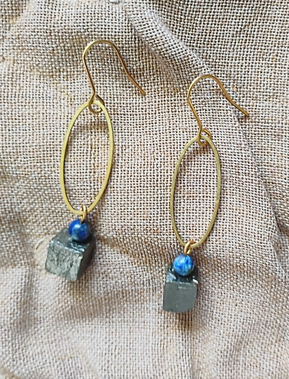 Pyrite Cube and Lapis Lazuli Earrings - Picture 3 of 5